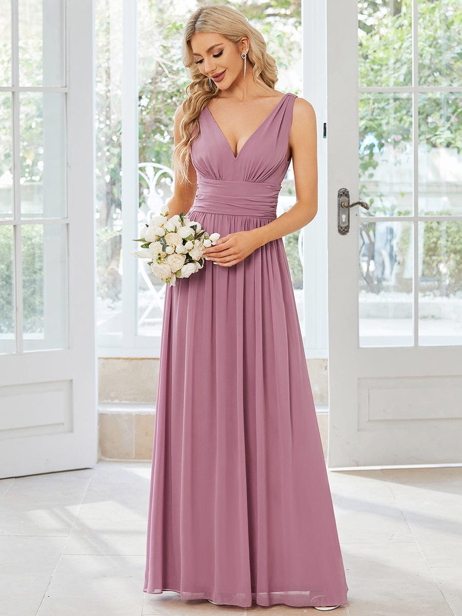 Weitese Sleeveless V-Neck Plain Chiffon Maxi Bridesmaid Dress