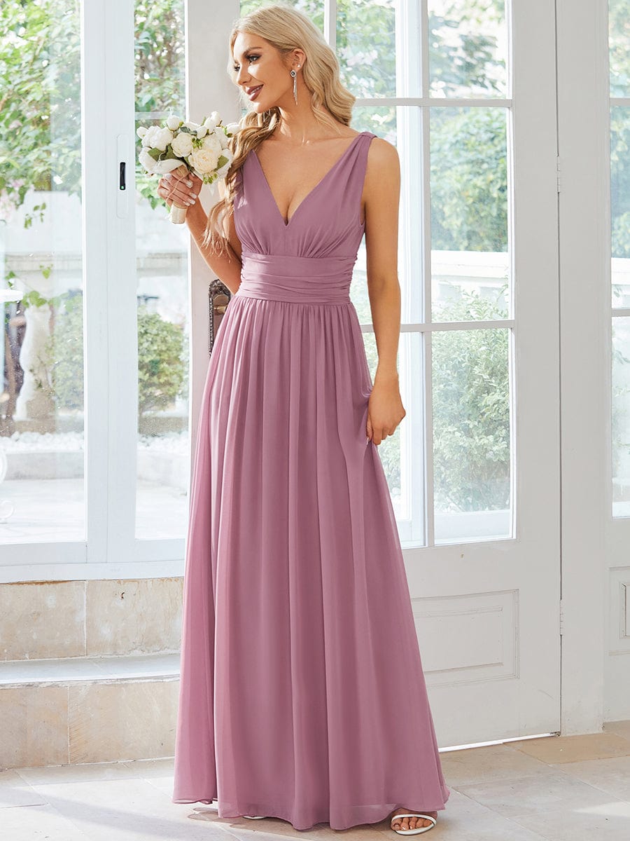 Weitese Sleeveless V-Neck Plain Chiffon Maxi Bridesmaid Dress