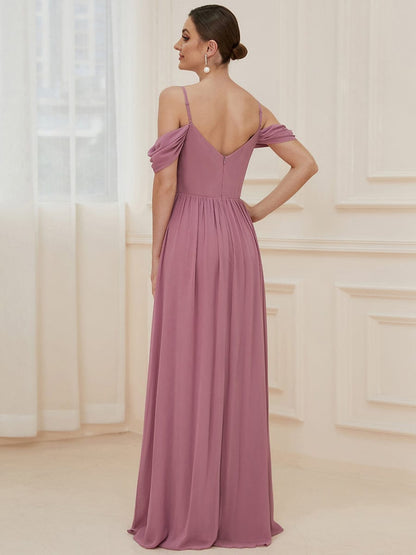 Weitese Pleated V-Neck Cold Shoulder Bridesmaid Dress