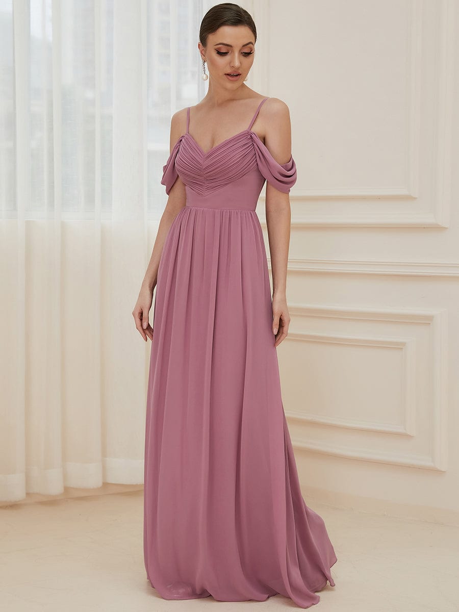 Weitese Pleated V-Neck Cold Shoulder Bridesmaid Dress