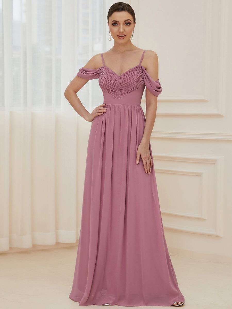 Weitese Pleated V-Neck Cold Shoulder Bridesmaid Dress