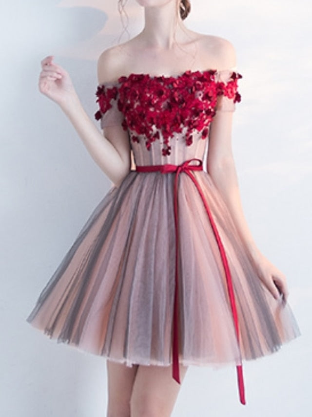 A-Line Cocktail Dresses Party Dress Valentine's Day Homecoming Short / Mini Short Sleeve Off Shoulder Pink Dress Tulle with Bow(s) Appliques