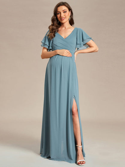 Weitese A-Line Ruffles Sleeve Front Slit Pleated Chiffon Maternity Dress