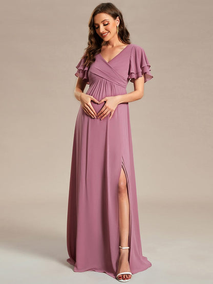 Weitese A-Line Ruffles Sleeve Front Slit Pleated Chiffon Maternity Dress