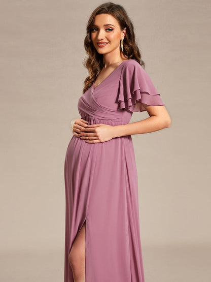 Weitese A-Line Ruffles Sleeve Front Slit Pleated Chiffon Maternity Dress