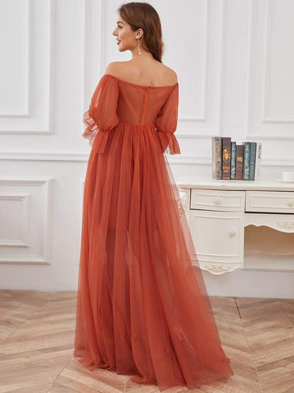 Weitese Sheer Off-Shoulder Double Skirt Maxi Maternity Dress