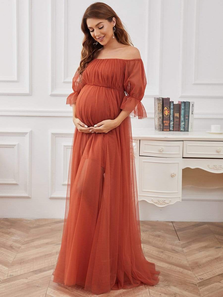 Weitese Sheer Off-Shoulder Double Skirt Maxi Maternity Dress