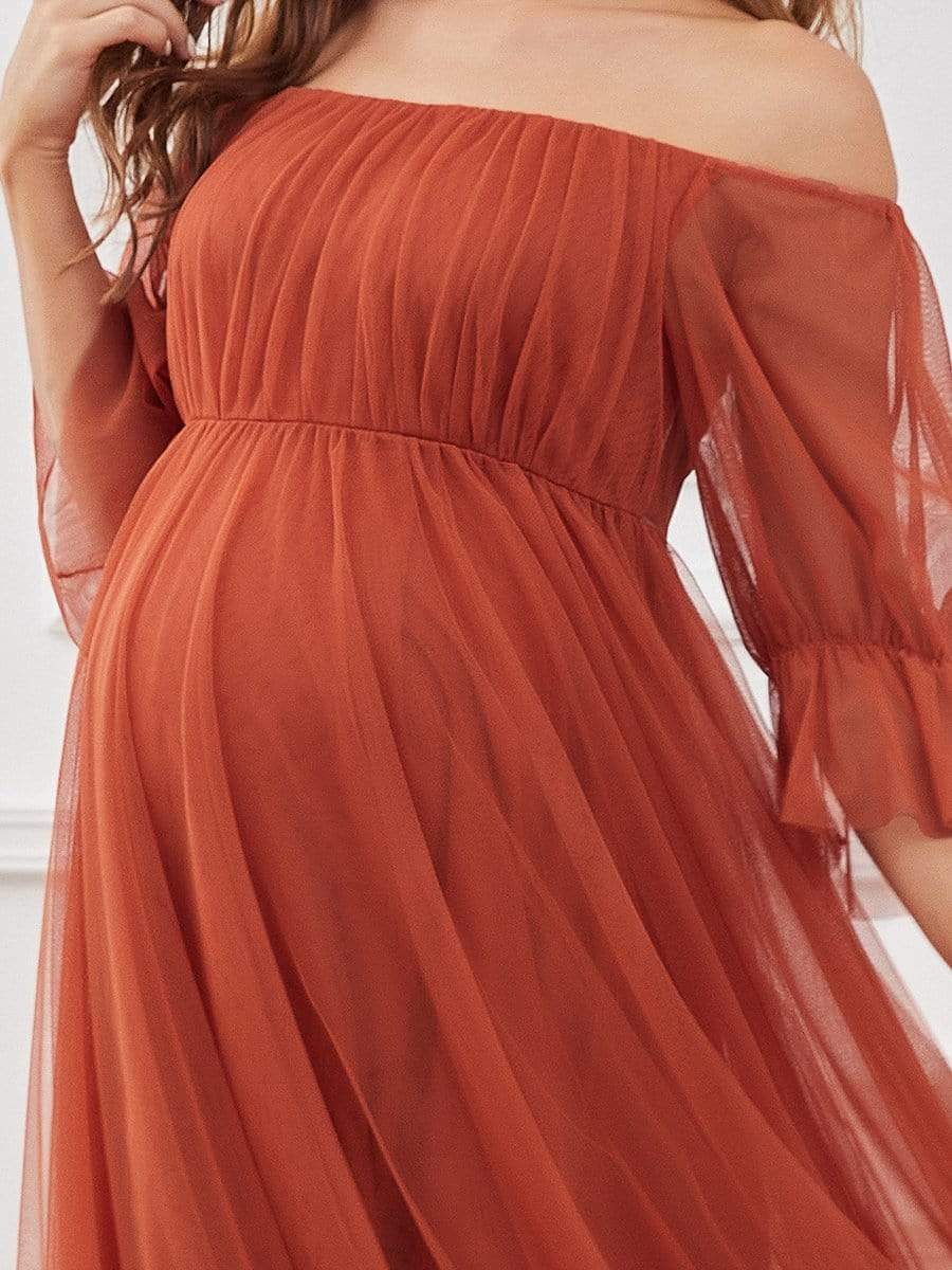 Weitese Sheer Off-Shoulder Double Skirt Maxi Maternity Dress