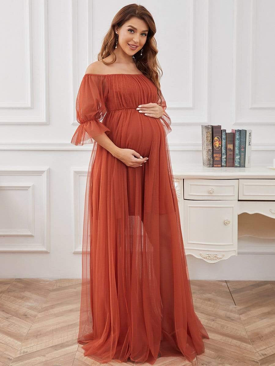 Weitese Sheer Off-Shoulder Double Skirt Maxi Maternity Dress