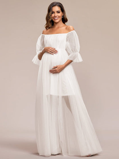 Weitese Sheer Off-Shoulder Double Skirt Maxi Maternity Dress