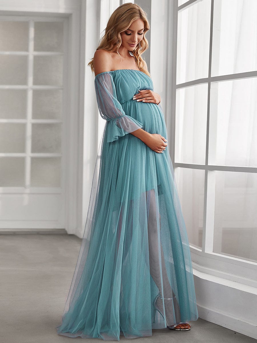 Weitese Sheer Off-Shoulder Double Skirt Maxi Maternity Dress