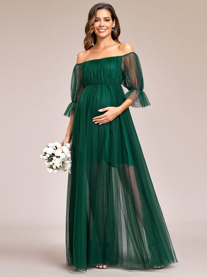 Weitese Sheer Off-Shoulder Double Skirt Maxi Maternity Dress