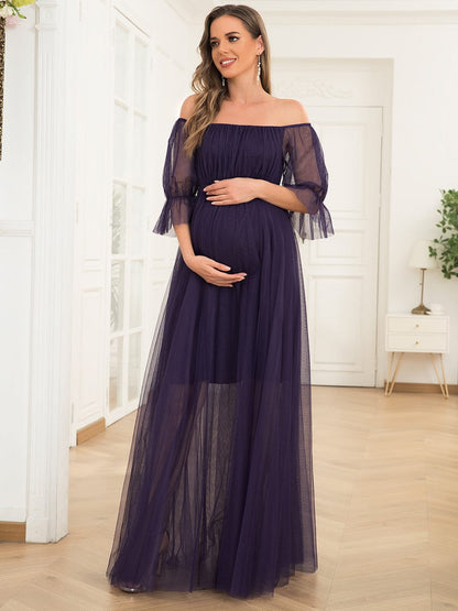 Weitese Sheer Off-Shoulder Double Skirt Maxi Maternity Dress