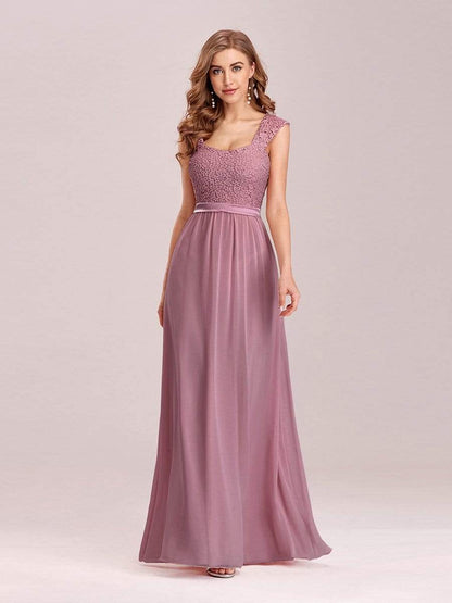 Weitese Elegant A Line Long Chiffon Bridesmaid Dress With Lace Bodice