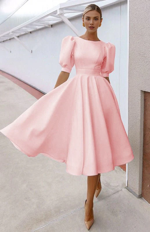 Elegant A-line Round Neck Puff Sleeves Tea-Length Prom Party Dress