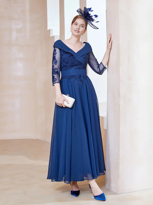 Elegant A-line V-neck Appliqued Ankle Length Chiffon Long Sleeves Mother of the Bride Dress