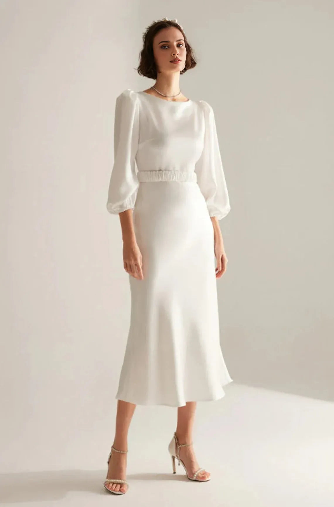 Elegant Long Sleeves A-line Tea-Length Round Neck Backless Simple Wedding Prom Party Dress