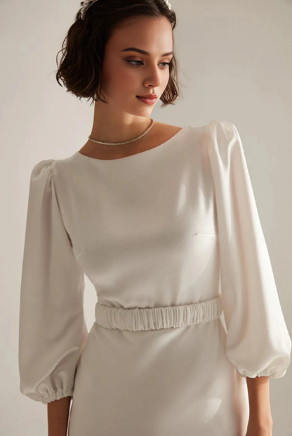 Elegant Long Sleeves A-line Tea-Length Round Neck Backless Simple Wedding Prom Party Dress