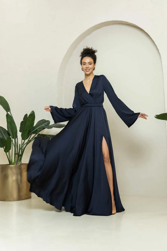 Elegant V Neck Slit A-line Simple Floor Length Long Sleeves Bridesmaid Prom Cocktail Dress