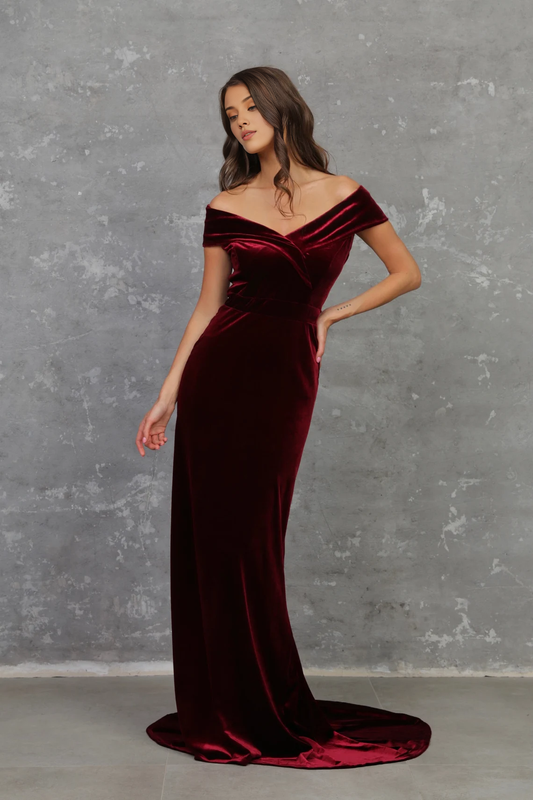 Elegant V Neck Velvet A-line Simple Floor Length Off Shoulder Burgundy Bridesmaid Prom Cocktail Dress