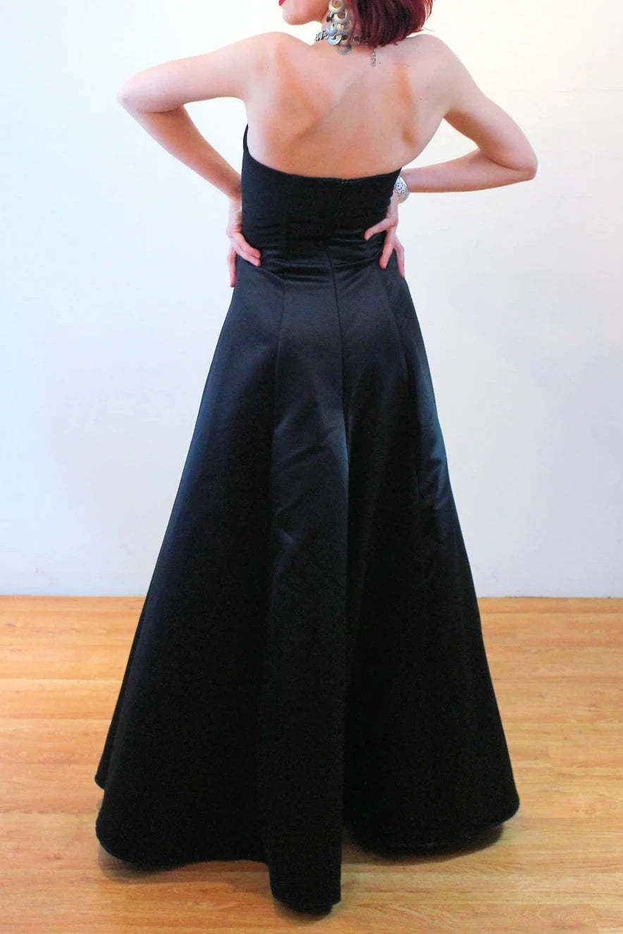 Elegant Vintage Black Satin Strapless Rhinestone Long Formal Floor Length Prom Dress