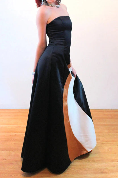 Elegant Vintage Black Satin Strapless Rhinestone Long Formal Floor Length Prom Dress