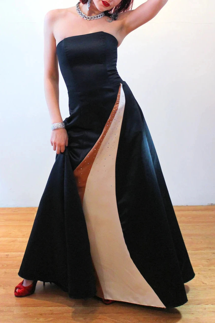 Elegant Vintage Black Satin Strapless Rhinestone Long Formal Floor Length Prom Dress