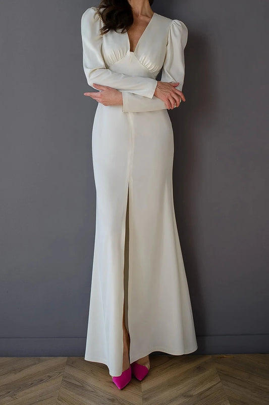 Elegant White V-neck Ankle Length Long Puff-Sleeve Party Dress Prom Dress With Slit ﻿