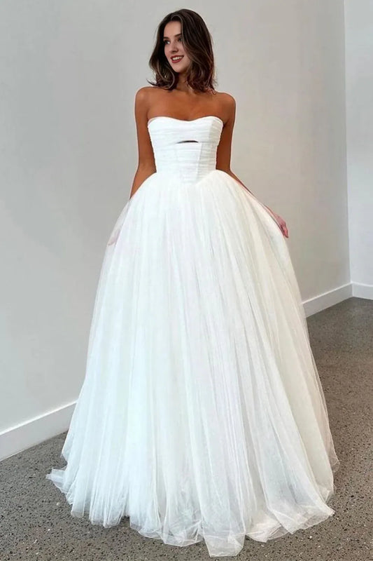 Elegant A Line Strapless Tulle Long Wedding Dress with Sweep Train