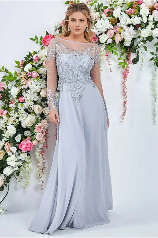 Embroidered Dress Grey Mother Of Bride Dress Round Neck Long Sleeves Floor Length Wedding Guest Cocktail Dress