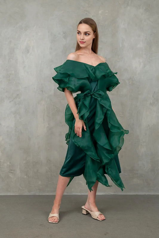 Emerald Green Party Ruffle Dress Off Shoulder Wedding Guest Dress Classy Elegant Dress Pretty Gown Feminine Ruffle Prom Dress