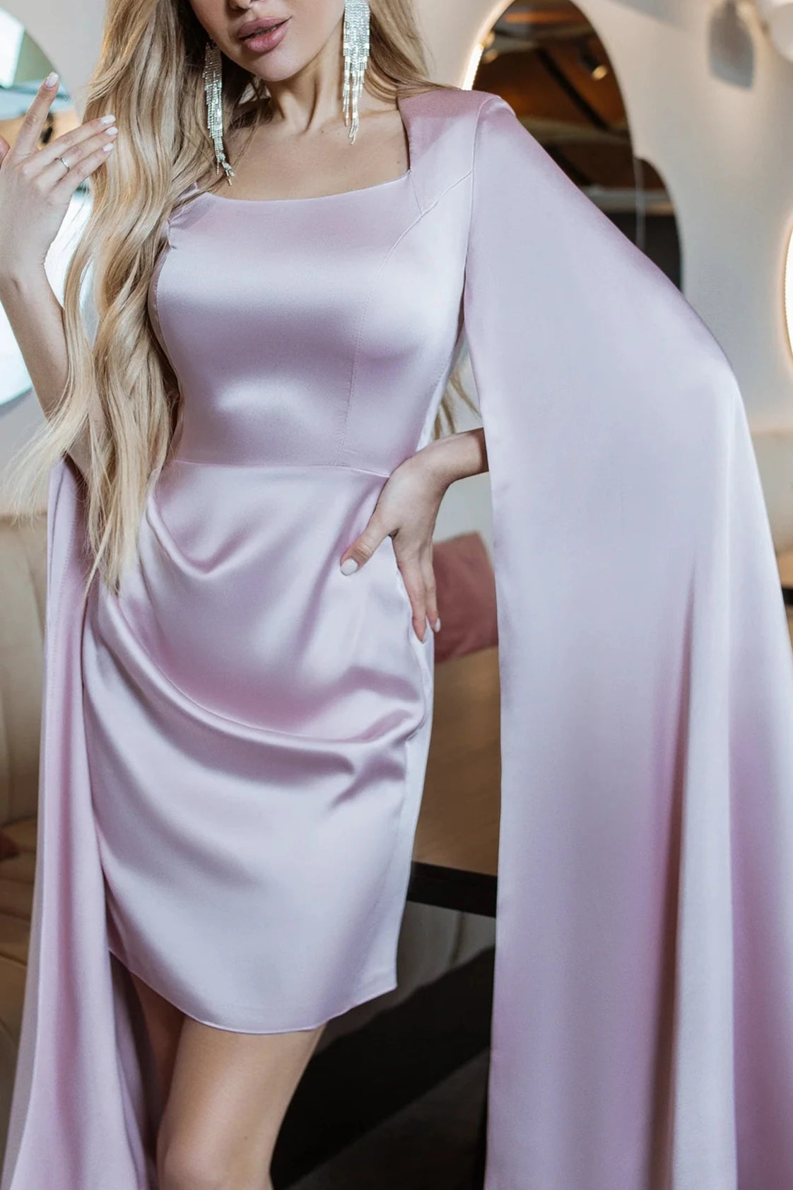 Emerald Satin Cloak Sleeve Mini Party Dress Square Neck Mermaid Short Prom Dress White Elegant Dusty Pink Satin Cloak Sleeve