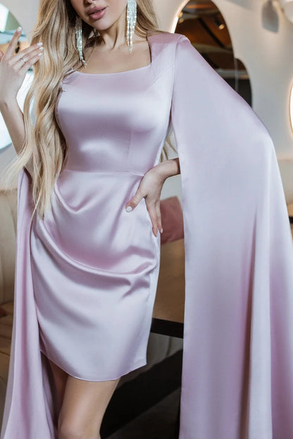 Emerald Satin Cloak Sleeve Mini Party Dress Square Neck Mermaid Short Prom Dress White Elegant Dusty Pink Satin Cloak Sleeve