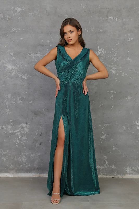 Engagement V Neck Sleeveless Floor Length Sparkle Prom Party Dress With Hight Slit