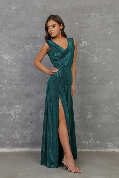 Engagement V Neck Sleeveless Floor Length Sparkle Prom Party Dress With Hight Slit