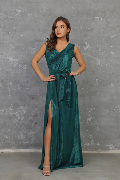 Engagement V Neck Sleeveless Floor Length Sparkle Prom Party Dress With Hight Slit