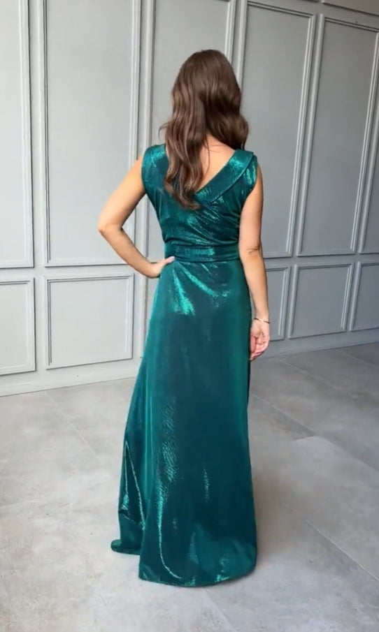 Engagement V Neck Sleeveless Floor Length Sparkle Prom Party Dress With Hight Slit