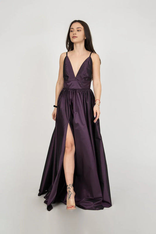 Evening Dress Long Purple Dress Spaghetti Strap Crossed Deep V Neck Dress Prom Gown Dress Romantic Dress Open Back Dress