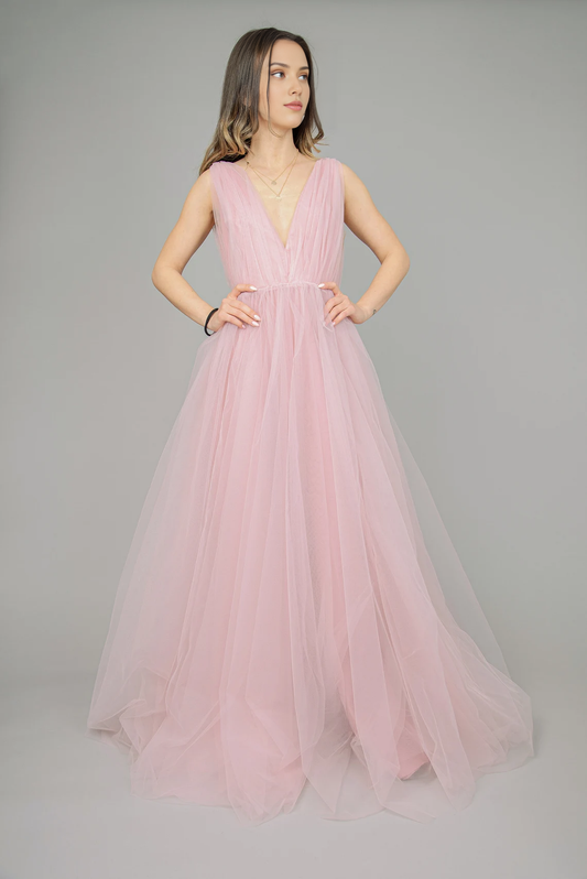 Evening Tulle Dress Pale Pink Dress Prom Long Dress Handcrafted V Neck Sleeveless Bridesmaid Dress Romantic Dress Wedding Dress Cocktail Dress