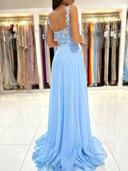 Blue A-Line Chiffon Lace Long Prom Party Dresses With Slit Floor Length