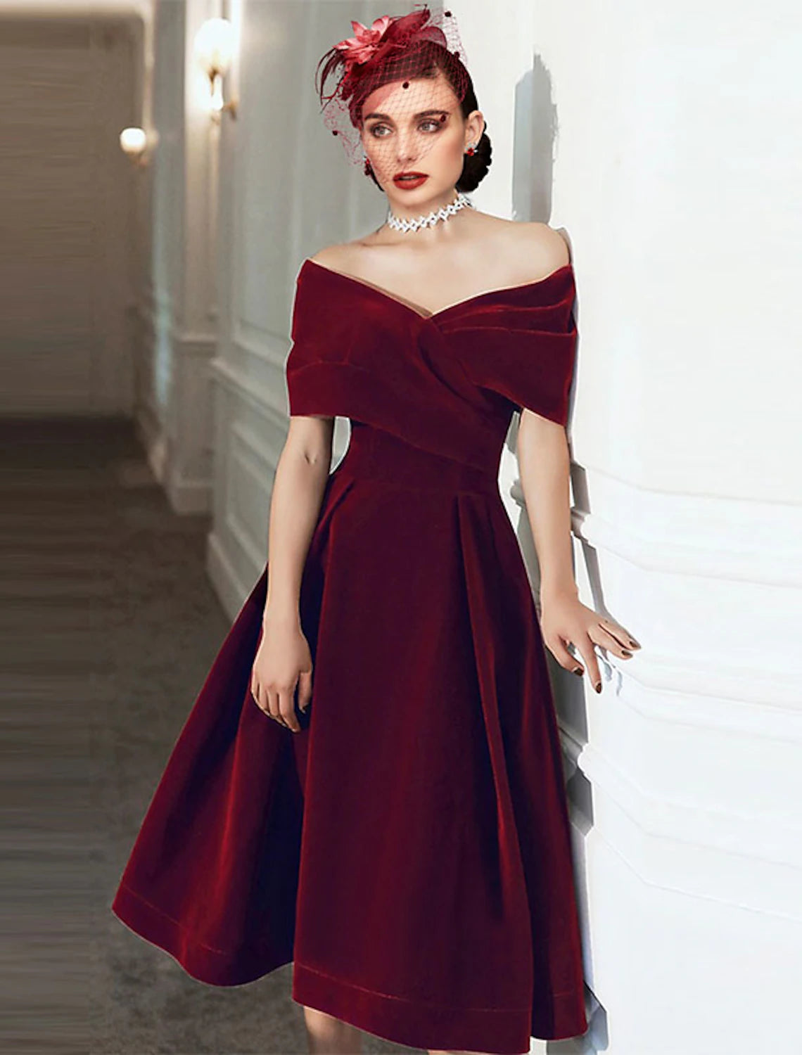 Fall Wedding Guest Dress Knee Length Short Sleeve Off Shoulder Velvet with Pleats Pure Color