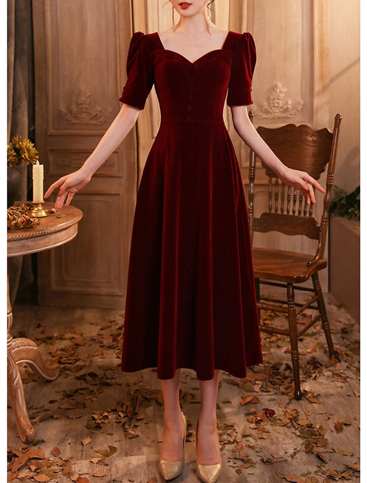 A-Line Cocktail Dresses Elegant Dress Wedding Guest Homecoming Tea Length Half Sleeve Scoop Neck Velvet with Buttons