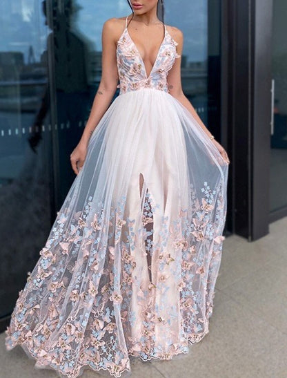 A-Line Evening Gown Party Dress Floral Dress Homecoming Wedding Guest Floor Length Short Sleeve V Neck Tulle with Draping Appliques