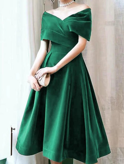 Fall Wedding Guest Dress Knee Length Short Sleeve Off Shoulder Velvet with Pleats Pure Color