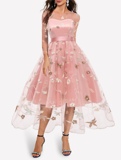 A-Line Cocktail Dresses Floral Dress Wedding Guest Homecoming Knee Length Half Sleeve Jewel Neck Tulle with Embroidery Appliques