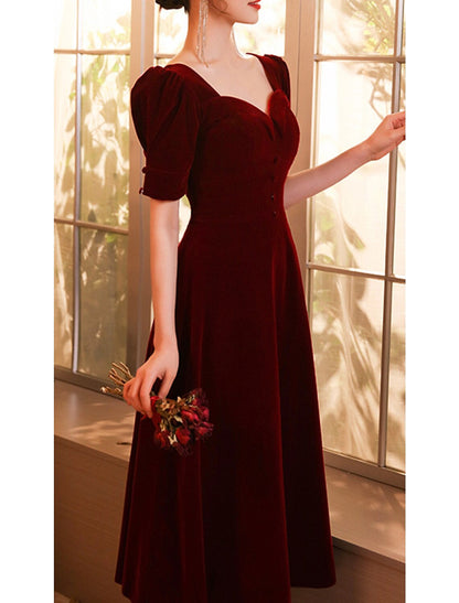 A-Line Cocktail Dresses Elegant Dress Wedding Guest Homecoming Tea Length Half Sleeve Scoop Neck Velvet with Buttons