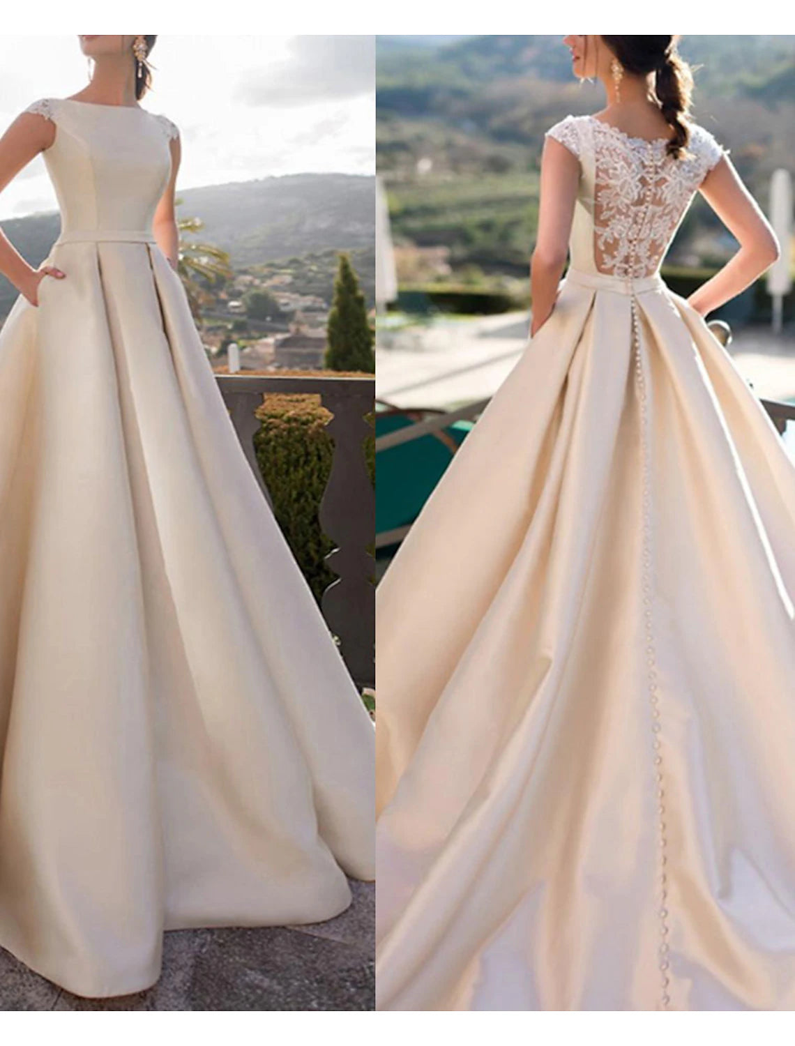 Hall Royal Style Wedding Dresses A-Line Scoop Neck Sleeveless Court Train Satin Bridal Gowns With Pearls Appliques