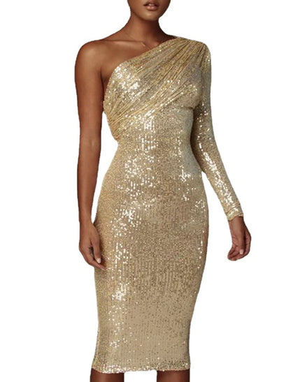 Women's Prom Cocktail Party Dress Gold Sequin Dress Mini Dress Silver Black Gold Long Sleeve Pure Color Sequins Winter Fall Spring One Shoulder Fashion Winter Dress Fall Dress