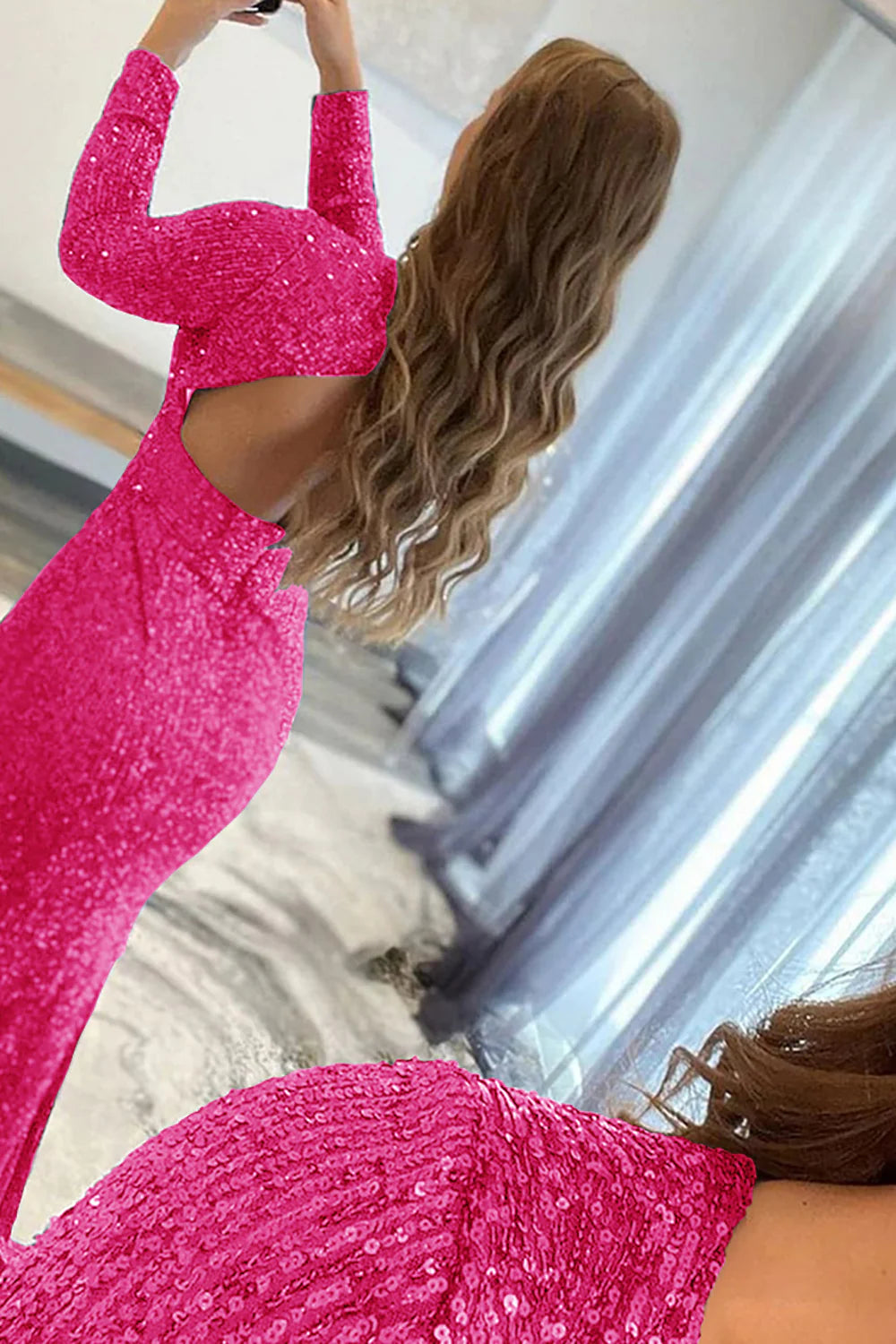 Mermaid Sequins Floor Length V-Neck Long Sleeves Prom Dress With Slit