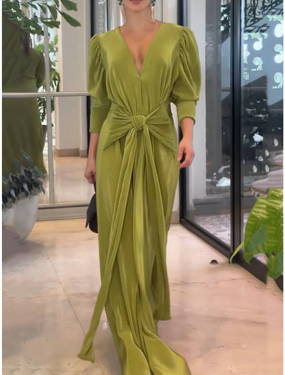 Weitese Women's Prom Dress Party Dress Wedding Guest Dress Long Dress Maxi Dress Green Long Sleeve Pure Color Knot Front Spring Fall Winter V Neck Party Winter Dress Evening Party Wedding Guest